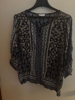 Westport Blue & White Floral Boho Tunic with Lace-Up Neck